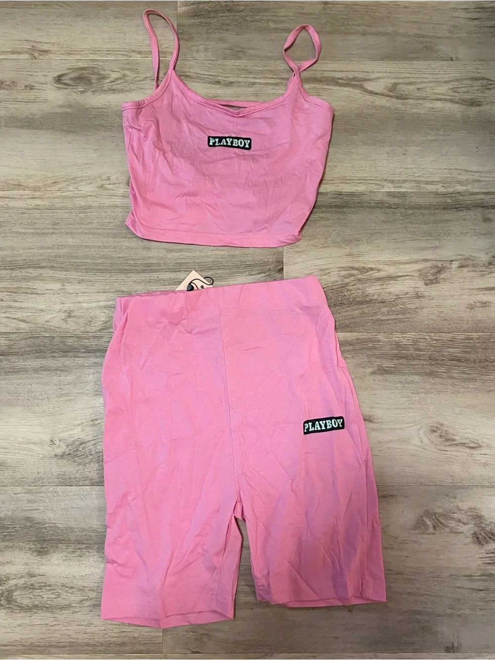 Missguided x PLAYBOY Pink Spaghetti-Strap Crop Top & High-Waist Bike Shorts set